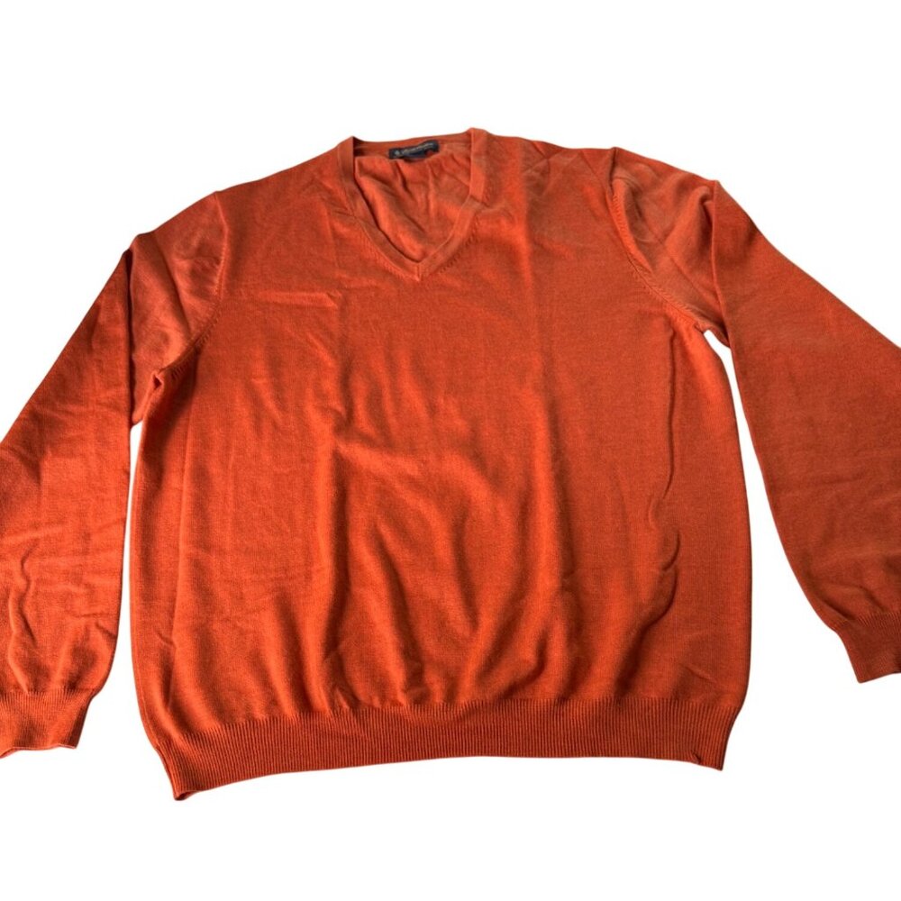 Brooks Brothers XL Mens V-Neck Sweater Burnt Orange Italian Merino Wool Blend